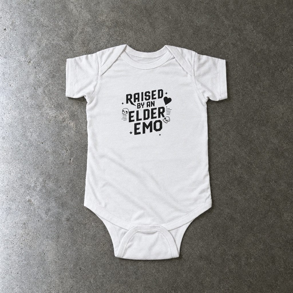 Raised by an Elder Emo onesie in white, laid flat