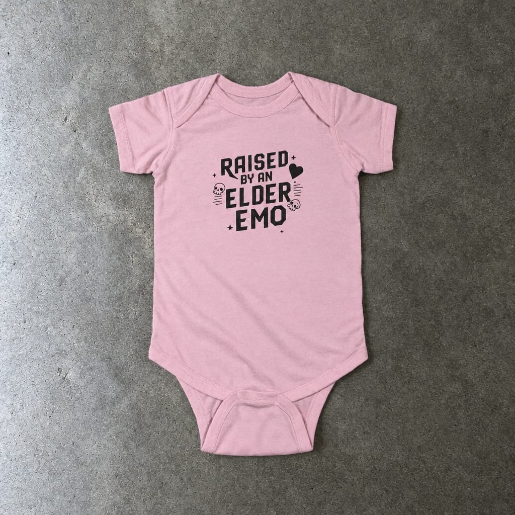 Raised by an Elder Emo onesie in pink, laid flat