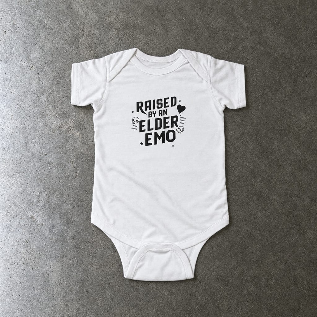 Raised by an Elder Emo onesie in white, laid flat
