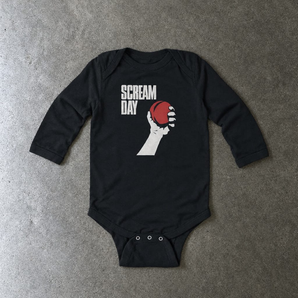 Scream Day long sleeve onesie in black, laid flat