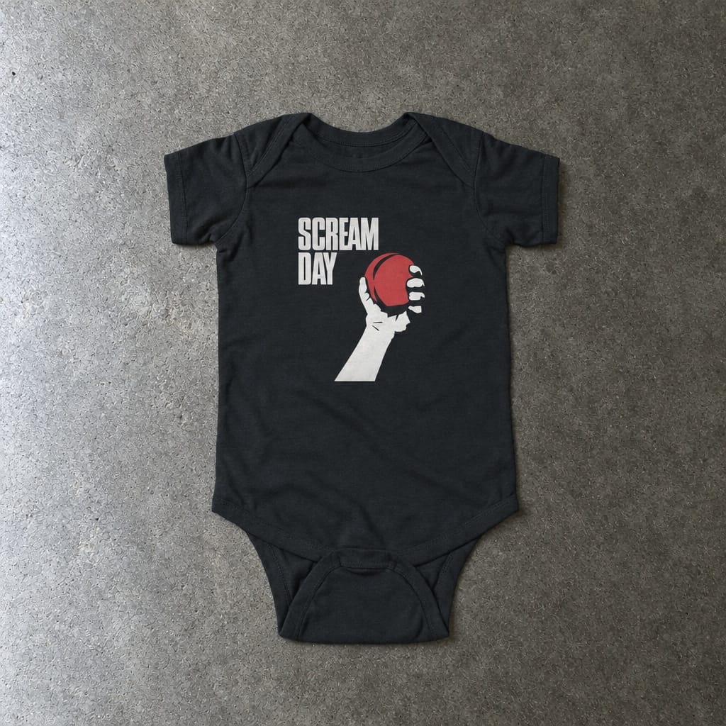 Scream Day onesie in black, laid flat