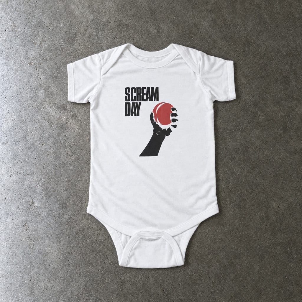 Scream Day onesie in white, laid flat