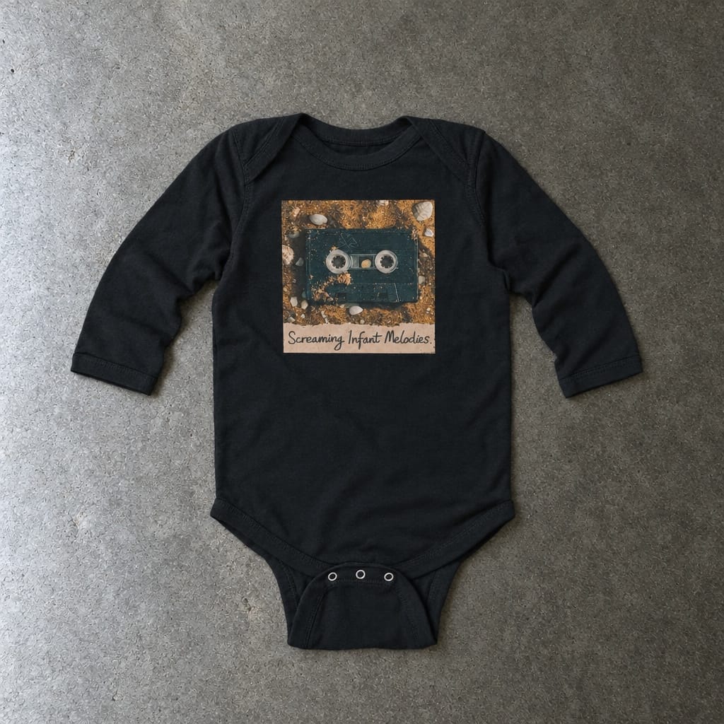 Screaming Infant Melodies long sleeve onesie in black, laid flat