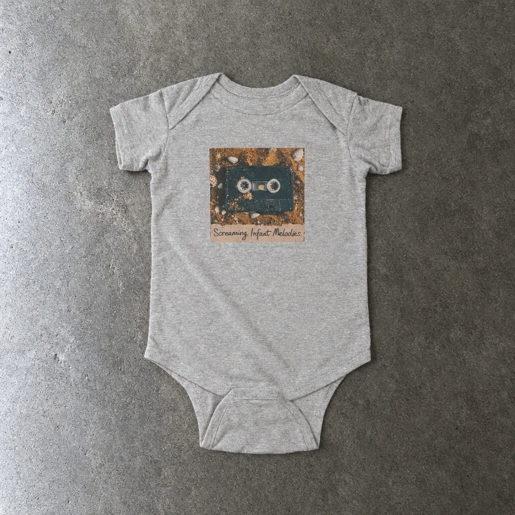 Screaming Infant Melodies onesie in ash, laid flat