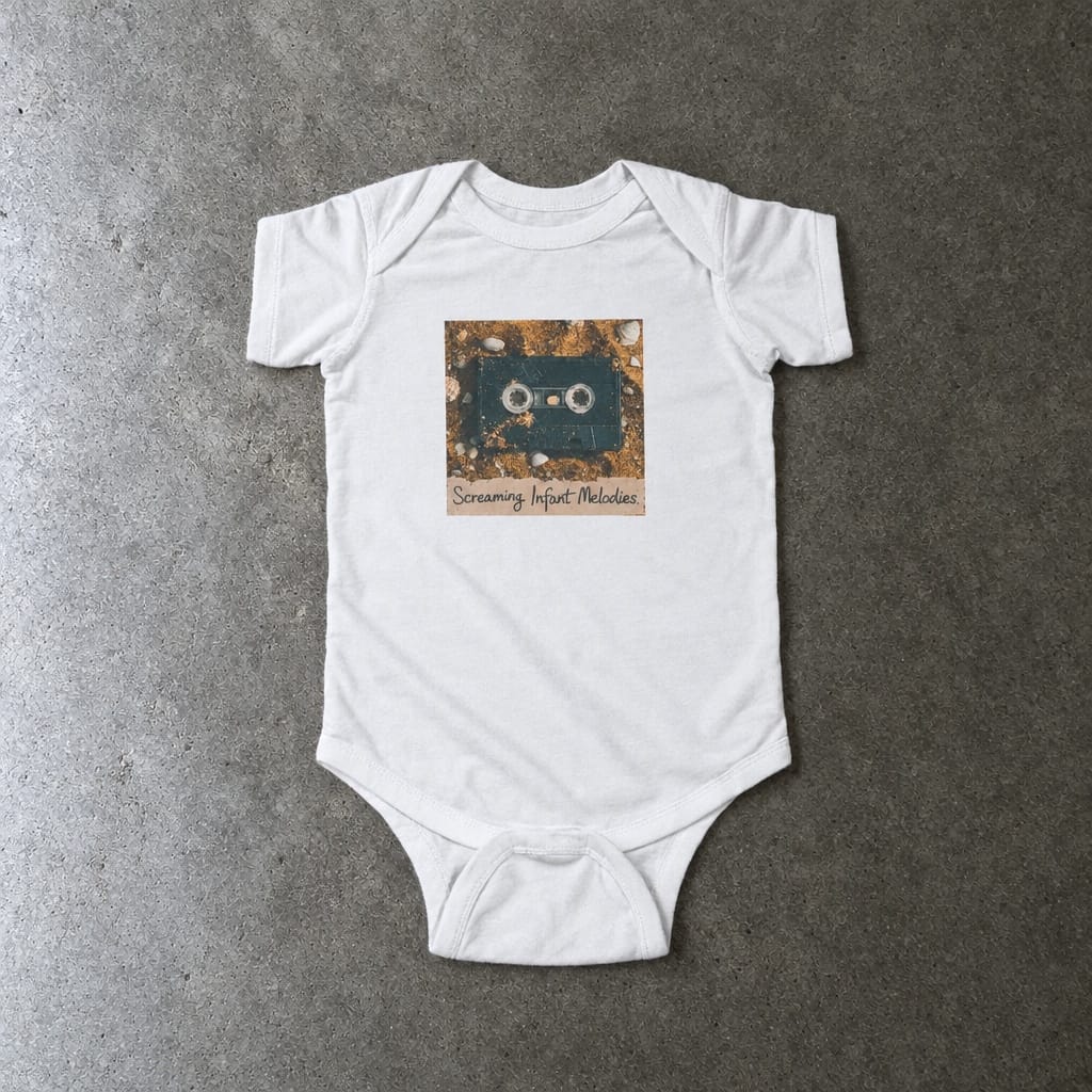 Screaming Infant Melodies onesie in white, laid flat