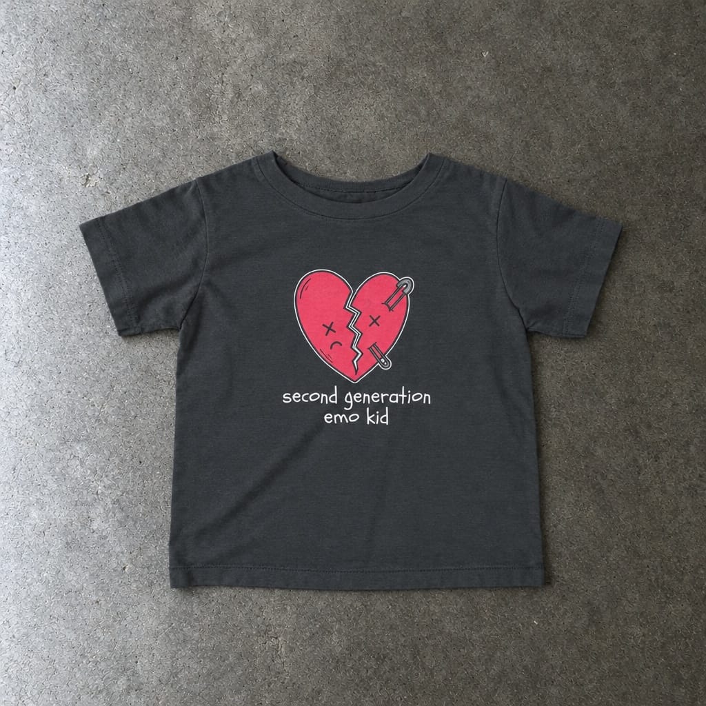 Second Generation Emo Kid 2.0 Baby Tee in charcoal, laid flat