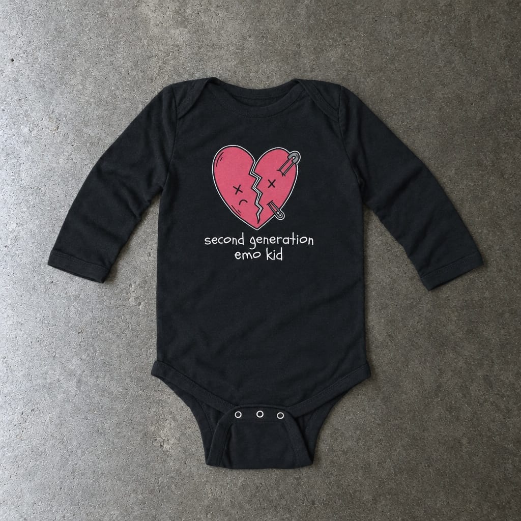 Second Generation Emo Kid 2.0 Long Sleeve Bodysuit in black, laid flat