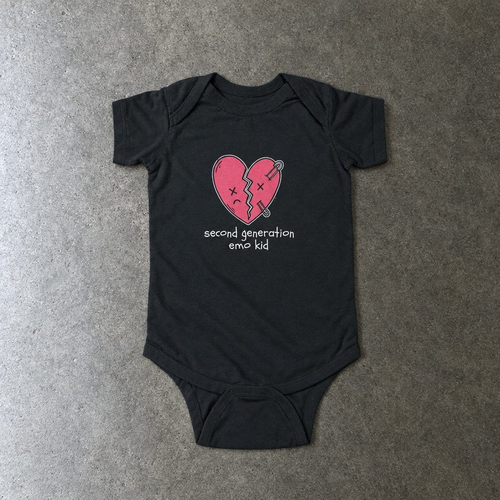 Second Generation Emo Kid 2.0 Onesie in black, laid flat