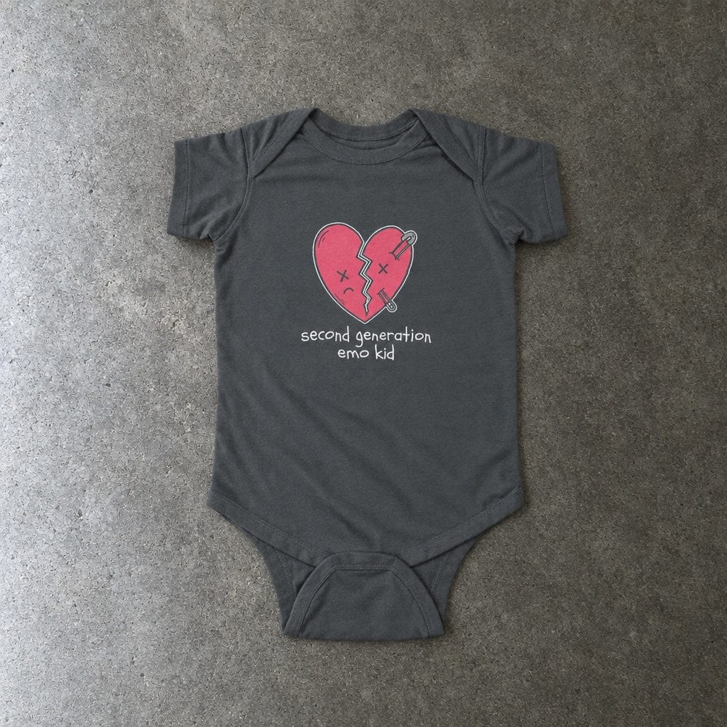 Second Generation Emo Kid 2.0 Onesie in charcoal, laid flat