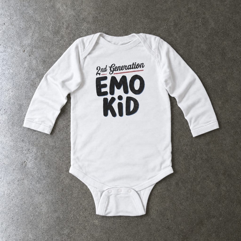 Second Generation Emo Kid long sleeve onesie in white, laid flat