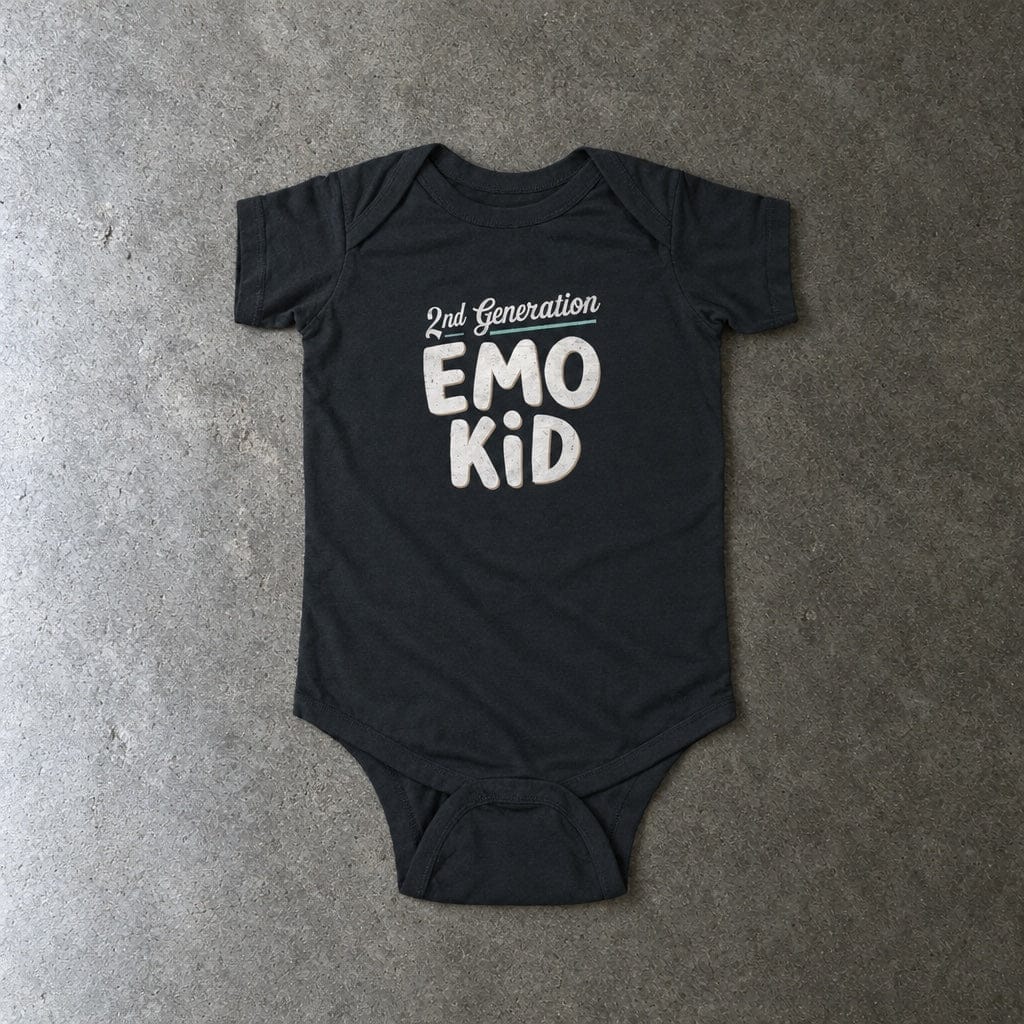 Second Generation Emo Kid onesie in black, laid flat