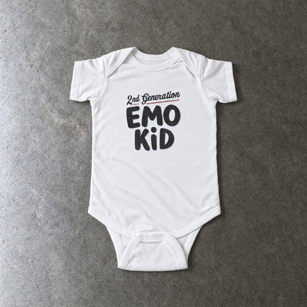 Second Generation Emo Kid onesie in white, laid flat