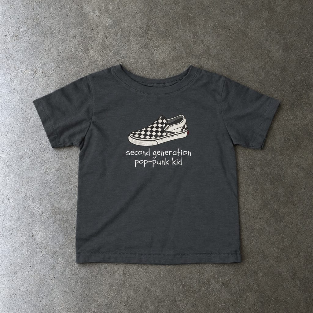 Second Generation Pop-punk Kid 2.0 Baby Tee in charcoal, laid flat