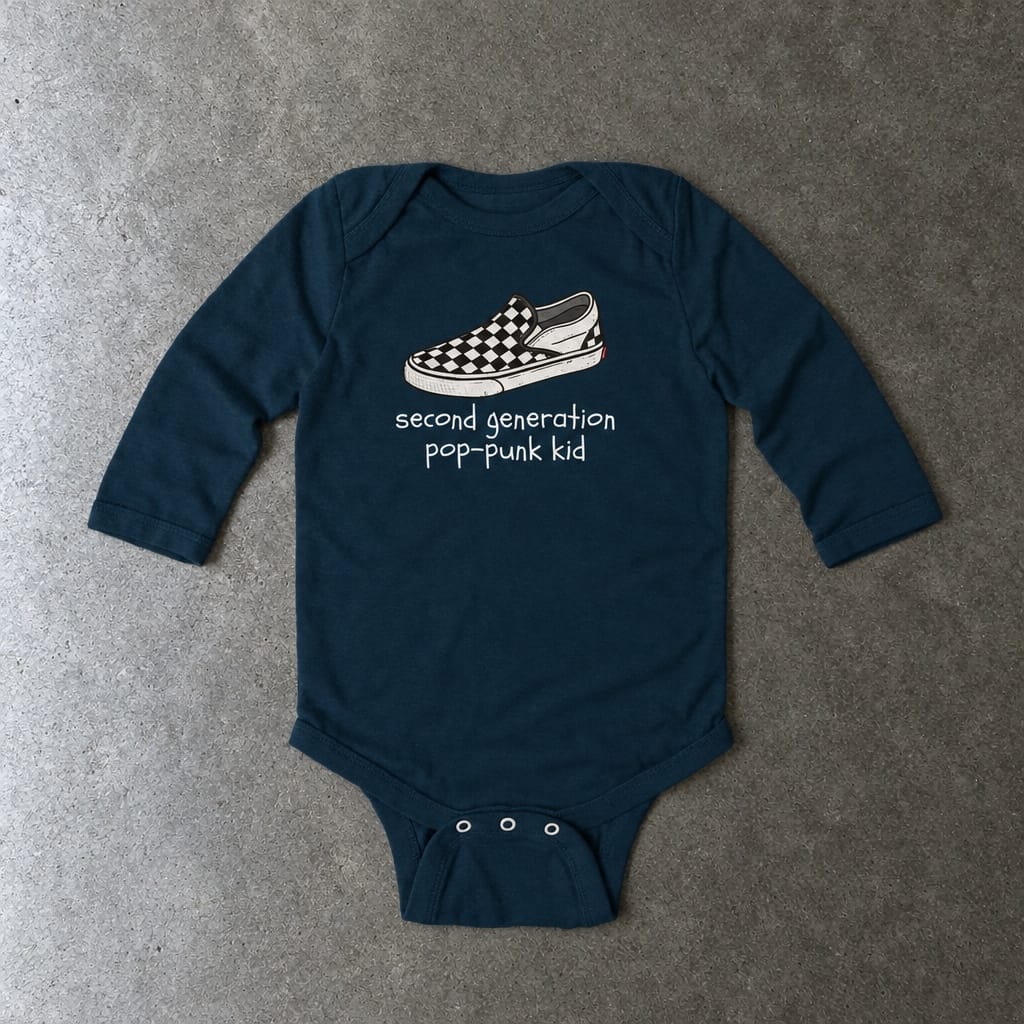 Second Generation Pop-punk Kid 2.0 Long Sleeve Bodysuit in navy, laid flat