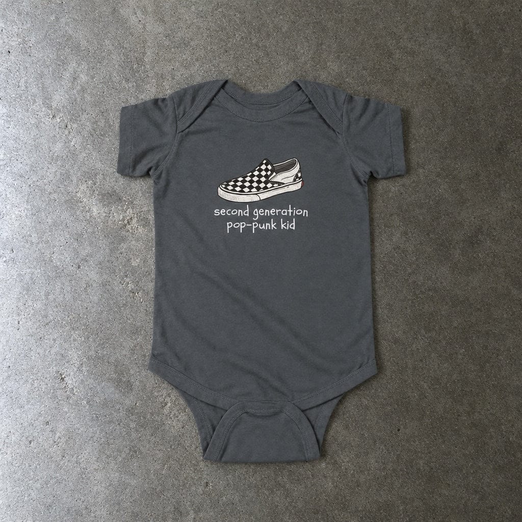 Second Generation Pop-punk Kid 2.0 Onesie in charcoal, laid flat