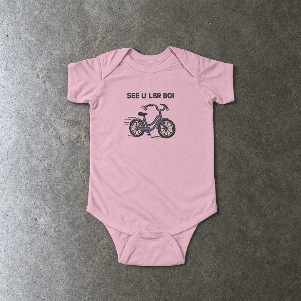 SEE U L8R BOI onesie in pink, laid flat