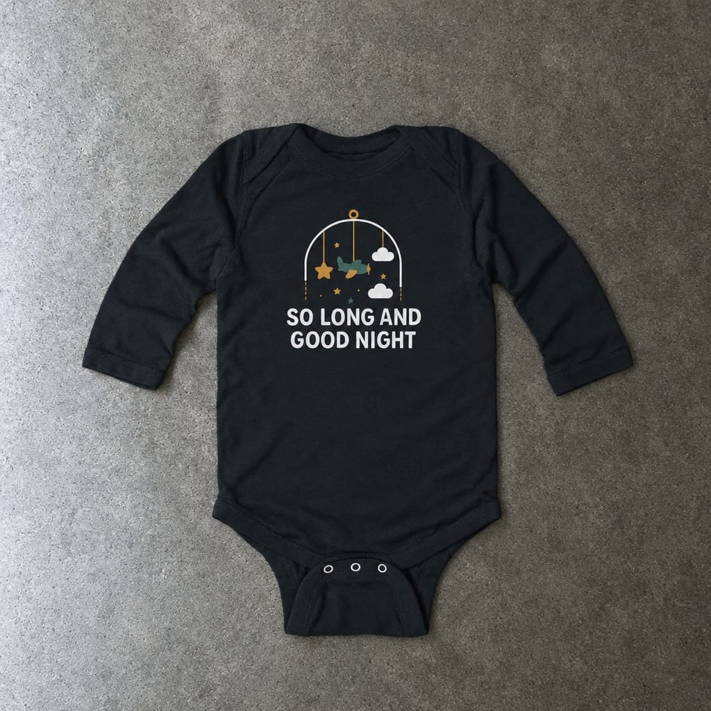 So Long and Good Night Long Sleeve Onesie long sleeve onesie in black, laid flat
