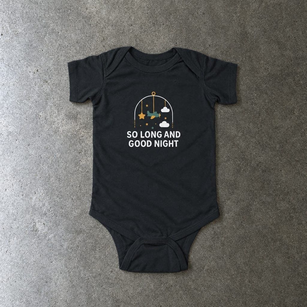 So Long and Good Night onesie in black, laid flat