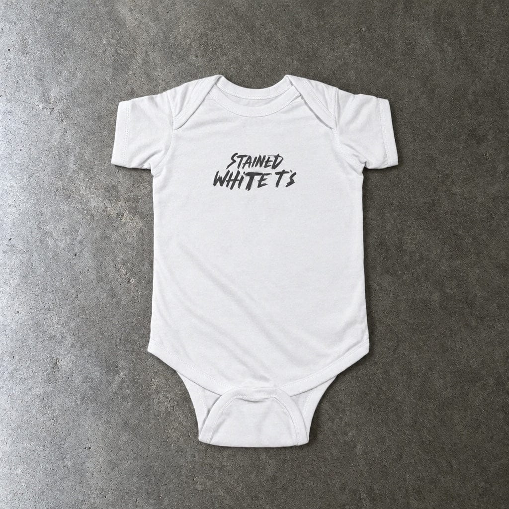 Stained White T's onesie in white, laid flat