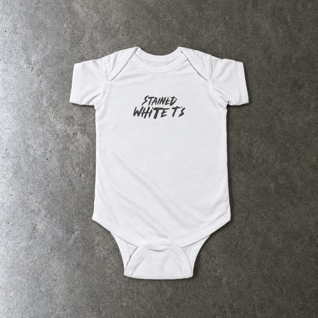 Stained White T's onesie in white, laid flat