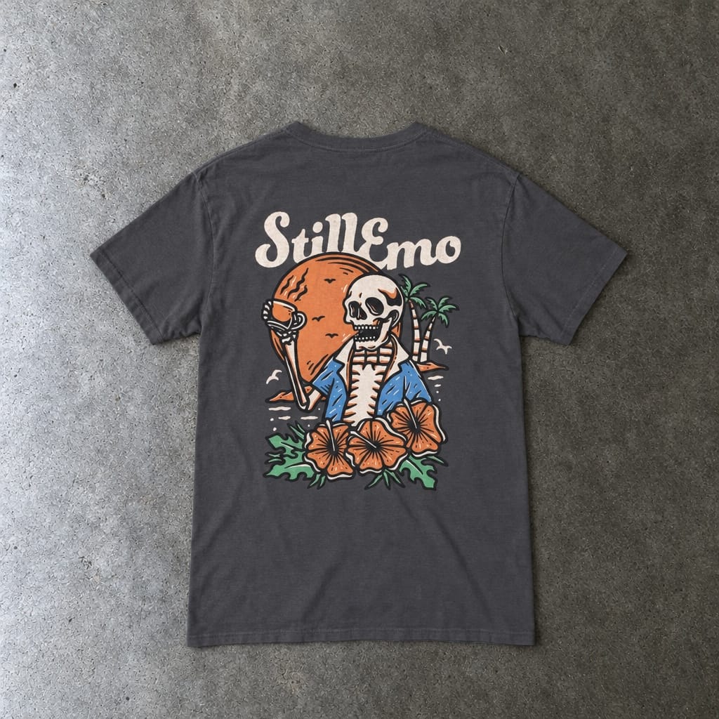Still Emo Beach Club Tee in charcoal, laid flat, back view
