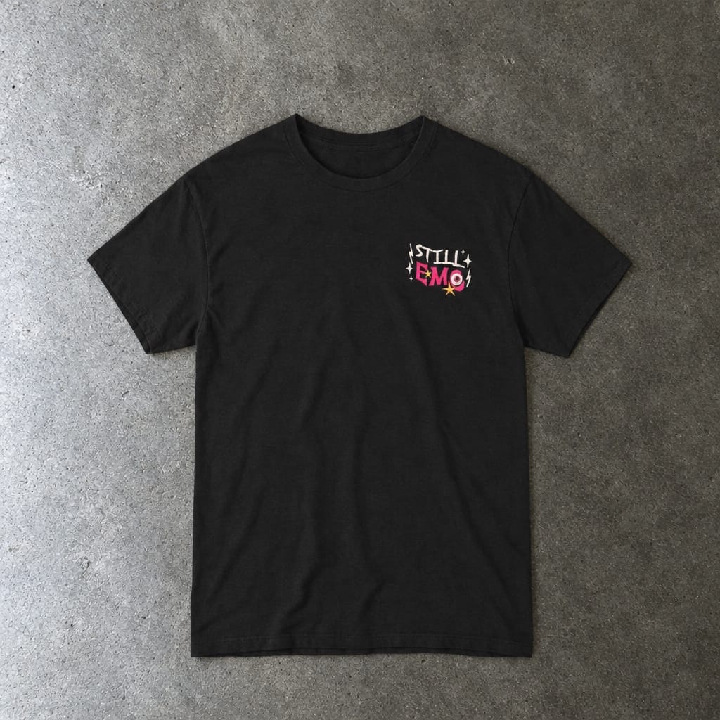 Still Emo Eyeball Tee in black, laid flat