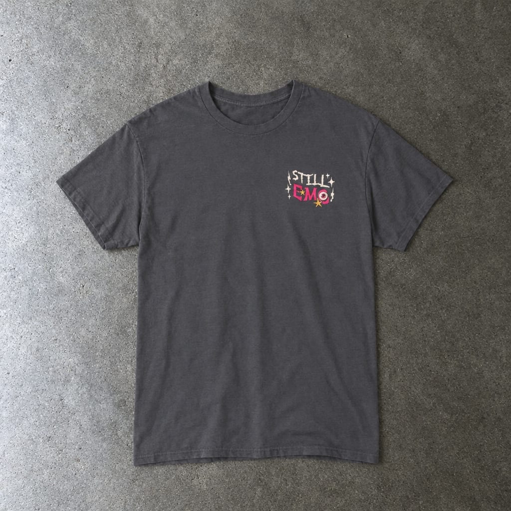 Still Emo Eyeball Tee in charcoal, laid flat