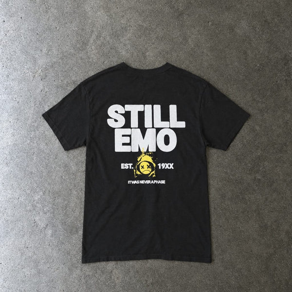 Still Emo Never A Phase Tee in black, laid flat, back view