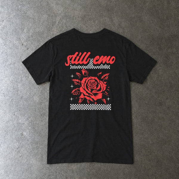 Still Emo Rose Tee in black, laid flat, back view