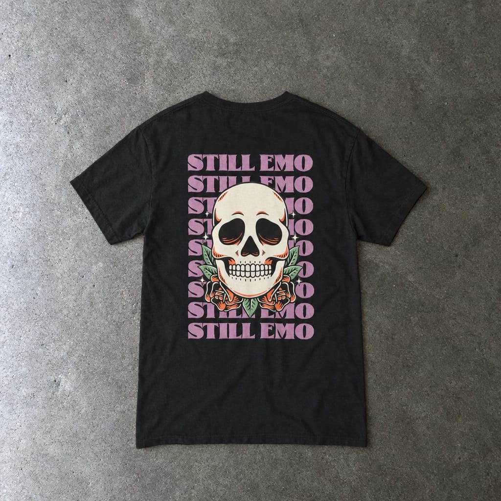 Still Emo Skull Tee in black, laid flat, back view