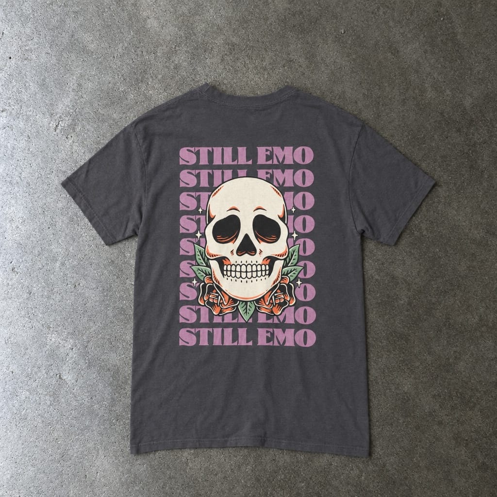 Still Emo Skull Tee in charcoal, laid flat, back view