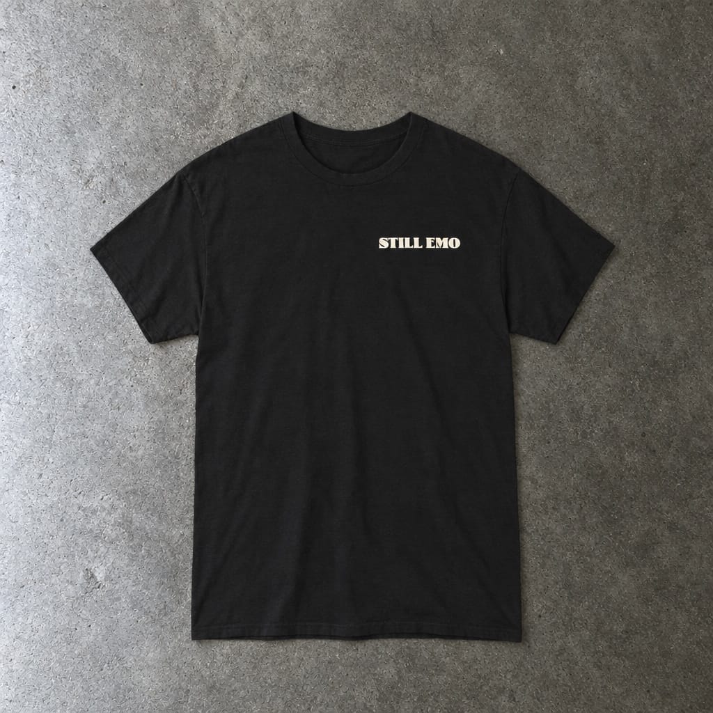 Still Emo Skull Tee in black, laid flat