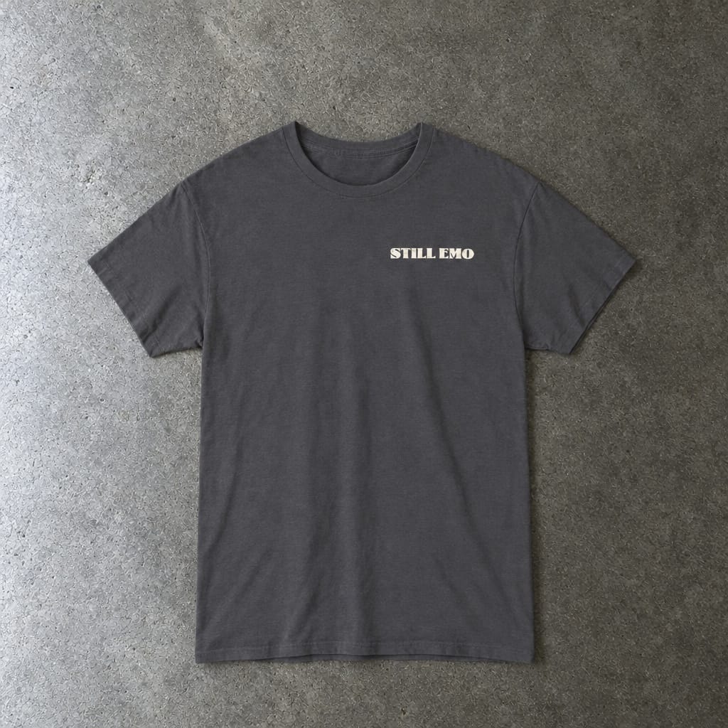 Still Emo Skull Tee in charcoal, laid flat