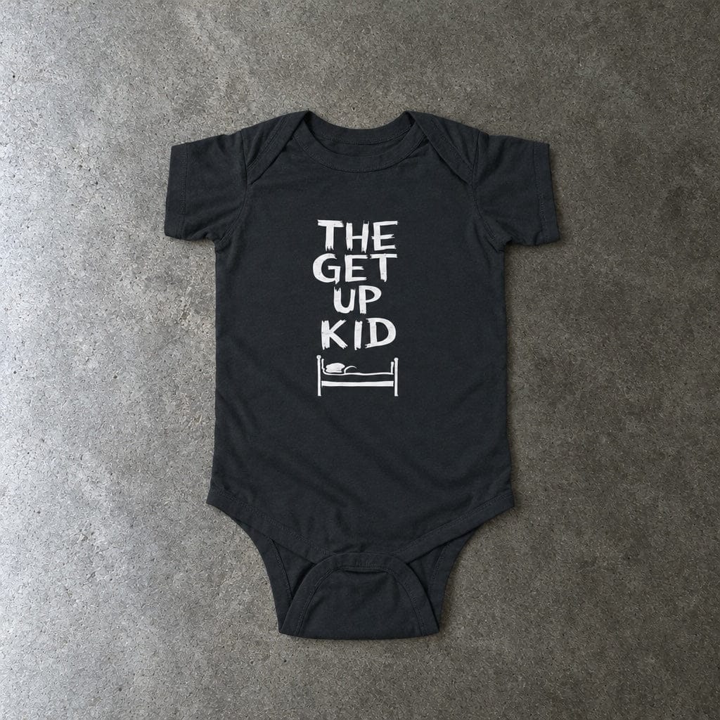 The Get Up Kid onesie in black, laid flat