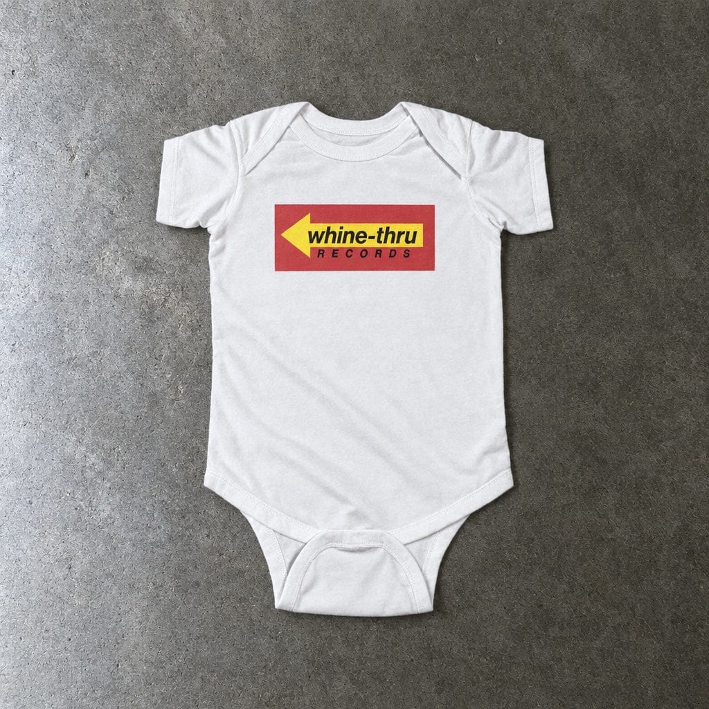 Whine-Thru Records onesie in white, laid flat